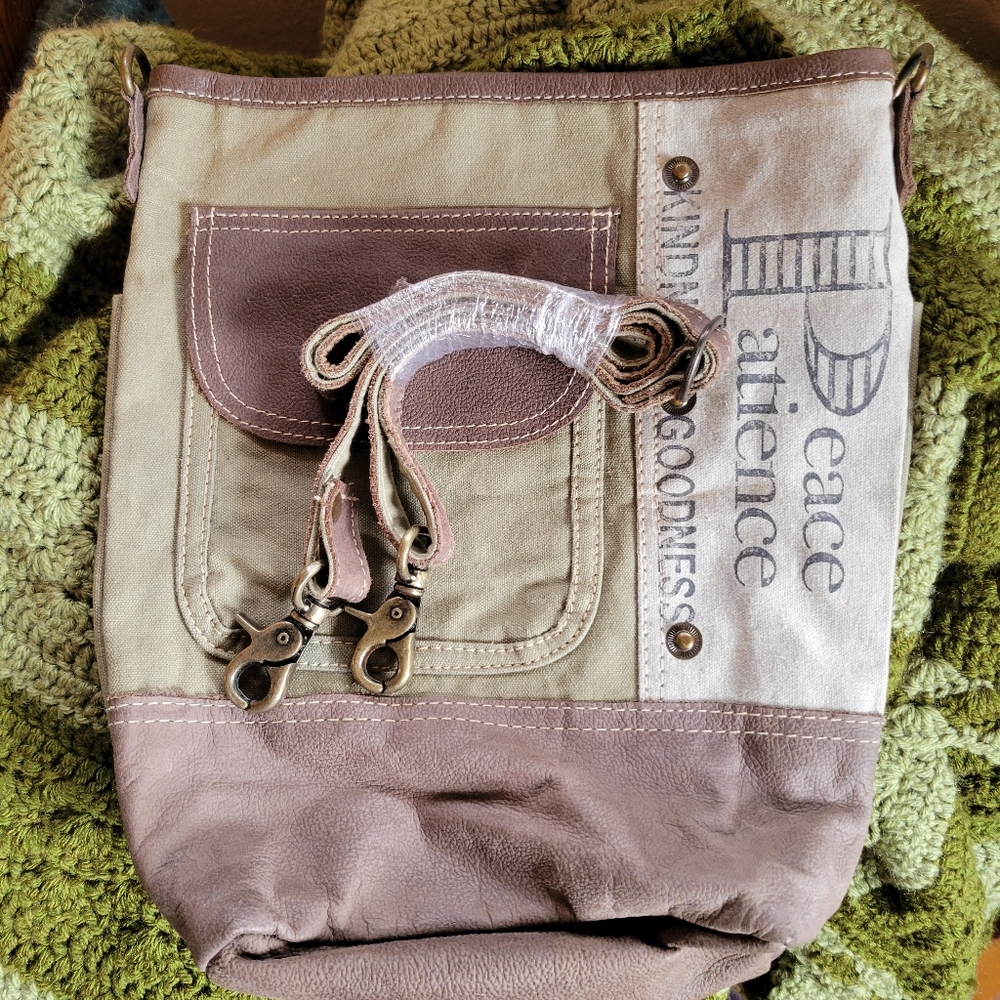 Large Peace Patience Canvas & Leatger Military Tent Crossbody Bag New